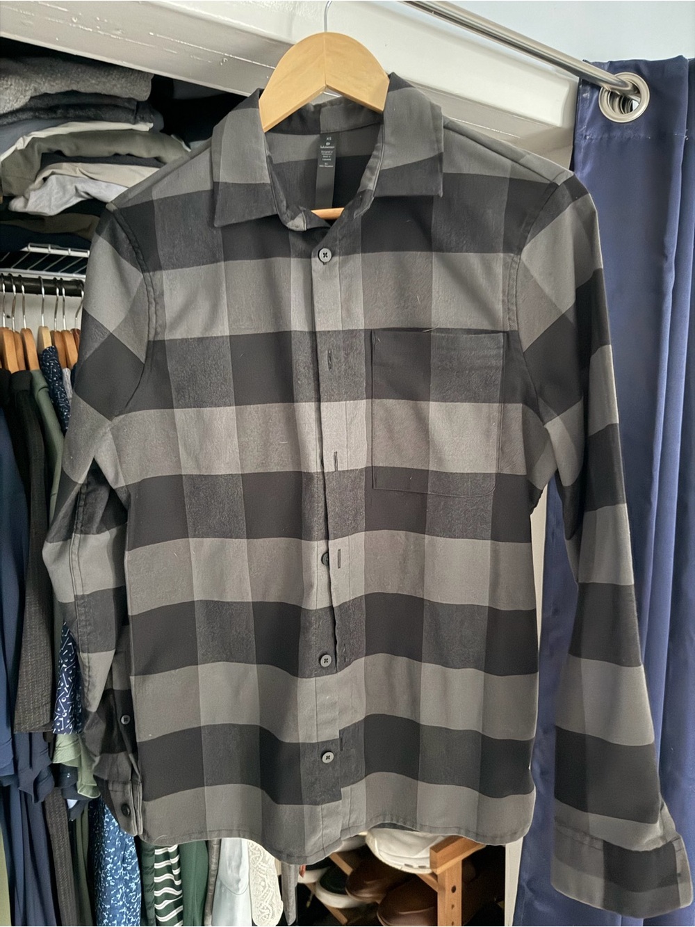 lululemon athletica Men's Black and Gray Large-Check Button-Down Shirt
